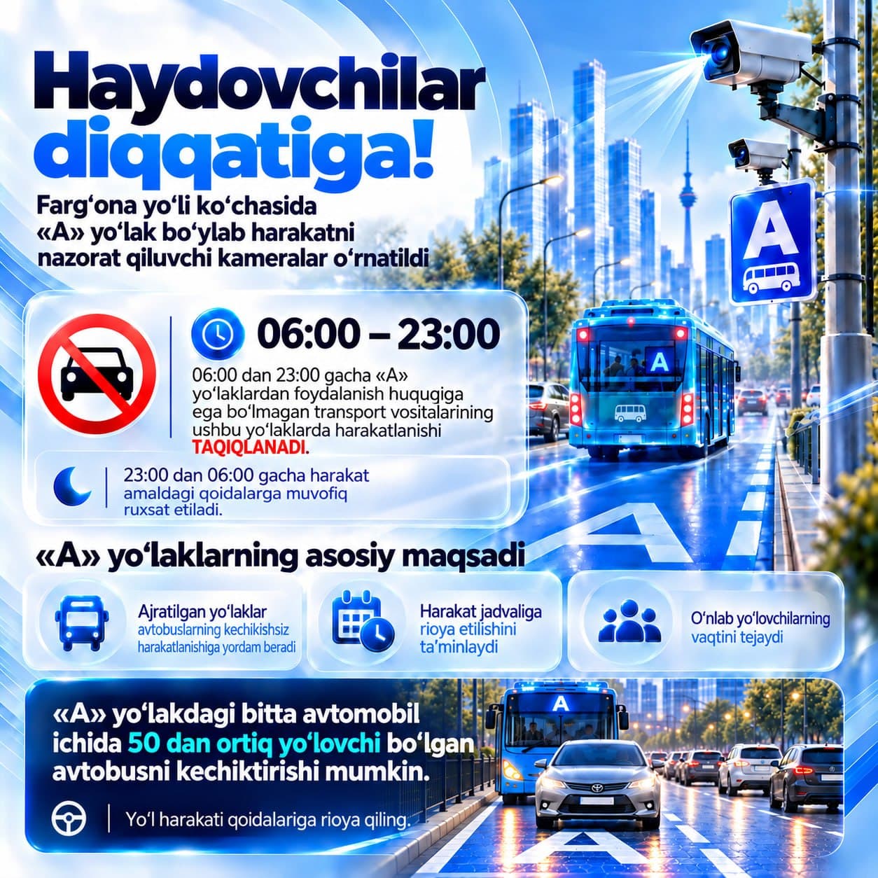 Cameras controlling traffic in dedicated “A” lanes for buses have been installed on Farg‘ona yo‘li Street